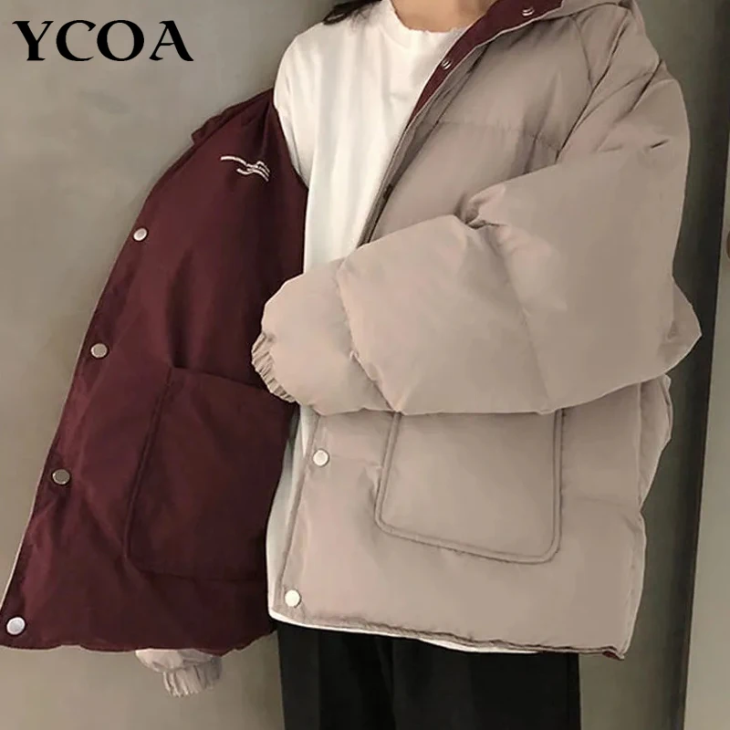 

Down Jacket Female 2021 Winter Cotton Coat Harajuku Fashion Casual Long Sleeve Tops Loose Streetwear Cardigan Vintage Clothing