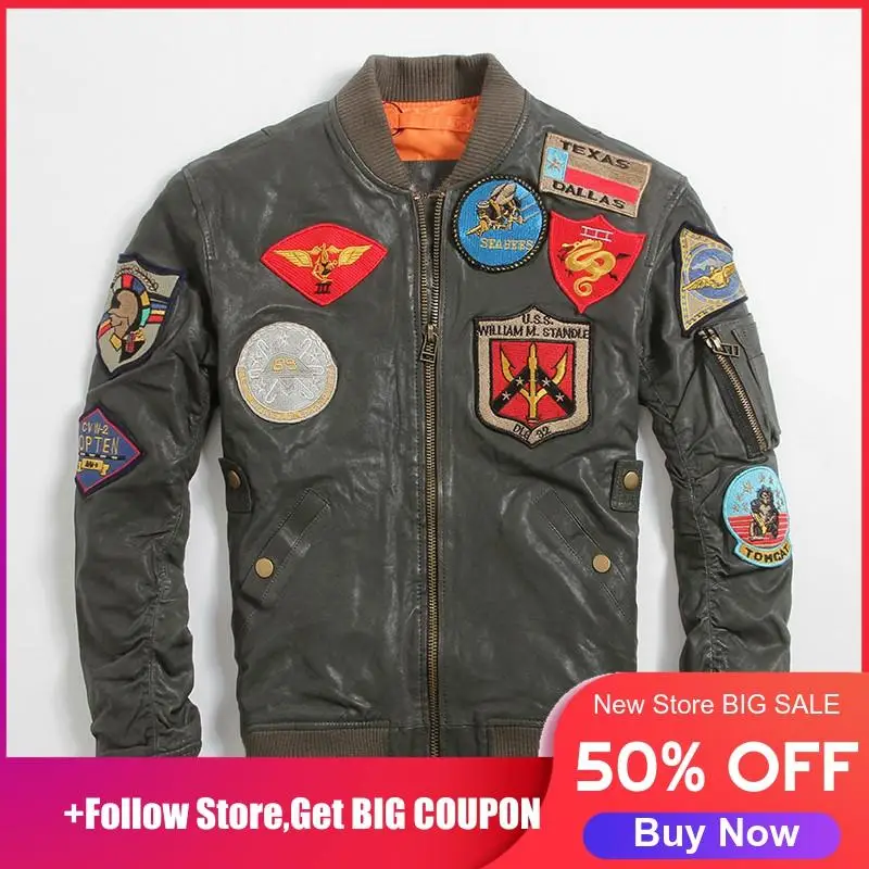 

2020 Green Men American Pilot Leather Jacket Plus Size 6XL Genuine Sheepskin Autumn Slim Fit Military Aviator Leather Coat