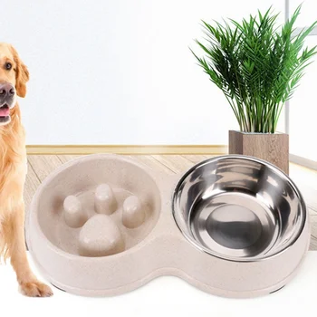 

Dog Bowl Of Wheat Straw Slow Food Choke Proof Stainless Steel Double Bowl Of Pet Tableware Antiskid Basin Of Cat Food