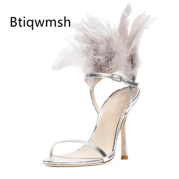 

Sexy Silver Feather Sandals Women Open Toe Narrow Band High Heel Shoes Woman Fashion Party Shoes For Summer