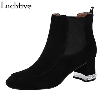 

Studded Crystal Heels Women Boots Square Toe Black Shoes Woman Sexy Slip On Winter Ankle Boots For Women Silver Ladies Shoes
