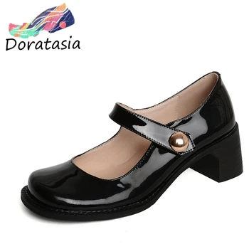 

DORATASIA New Brand Design Genuine Leather Pumps Sweet Shallow Mary Janes Pumps Women High Chunky Heels Casual Shoes Woman