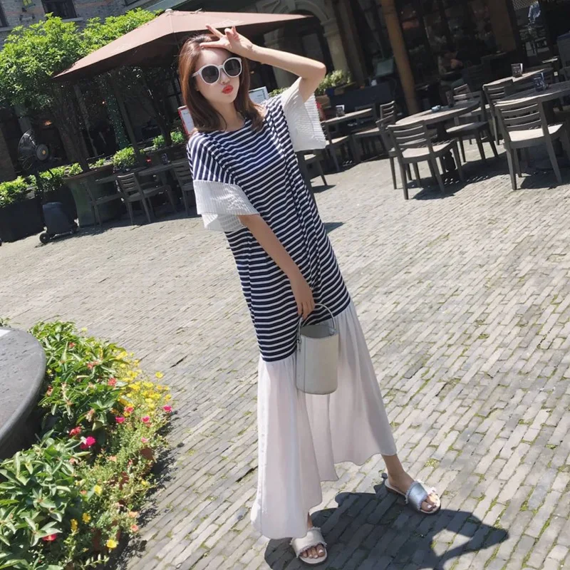 

Photo Shoot CHIC Contrast Color Pleated Feifei And Ankle Long Skirts College Style Stripes Loose-Fit Slimming Flounced Dress