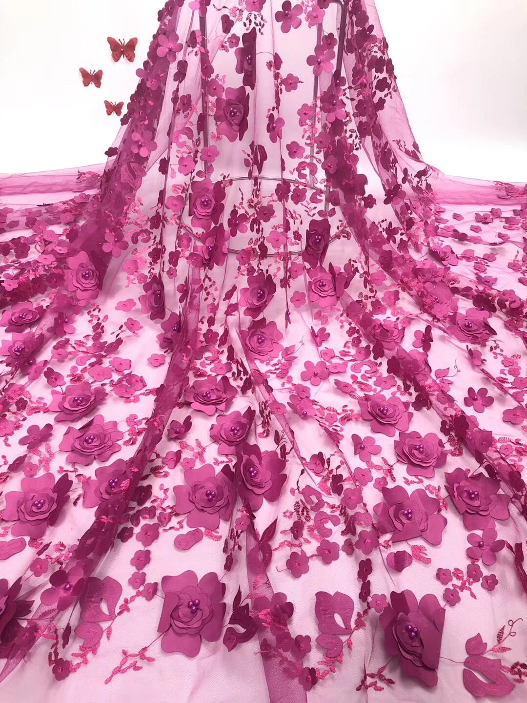 

Beaded floral lace wedding dress, African tulle lace fabric Burgundy, luxurious women's lace fabric J03441