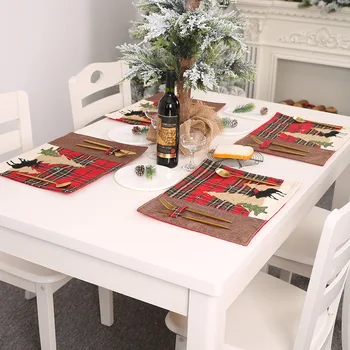 

Christmas Decorations Plaid Patch Placemat Elk Small Tree Dining Table Cushion Heat Proof Mat
