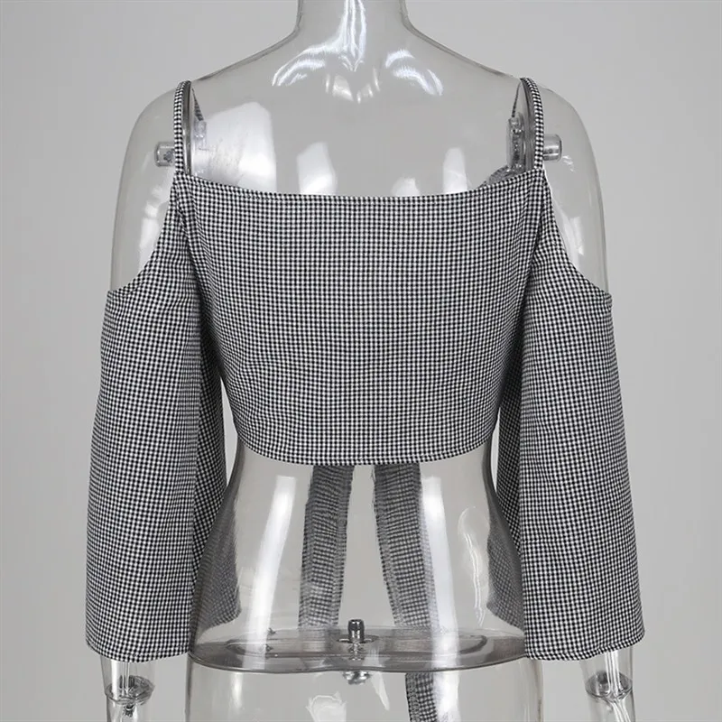 Sexy Off Shoulder Blouse Crop Top Shirt New Fashion Women Clothes Ladies Casual Plaid Bow Party Wear Tops