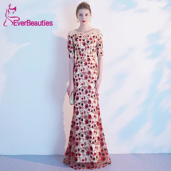 

Mermaid Evening Dresses Long Abendkleider 2020 Half Sleeves Party Gowns Burgundy Lace Robe De Soiree