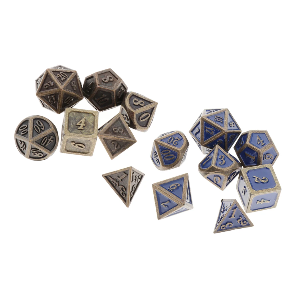 2 типа античные медные твердые металлические многогранные D& D игральные кости, старые медные металлические ролевые игровые кубики, 14 шт