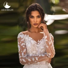 

Aedmgh A-Line Wedding Dresses 2022 V- Neck Long Sleeve Court Train Vestido De Novia Lace Appliques Illusion Boho Bridal Gowns