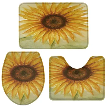 

3 Pieces Bathroom Set Sunflower Bath Set Toilet Cover Mat Pedestal Rug Non-Slip Bathroom Rug Set