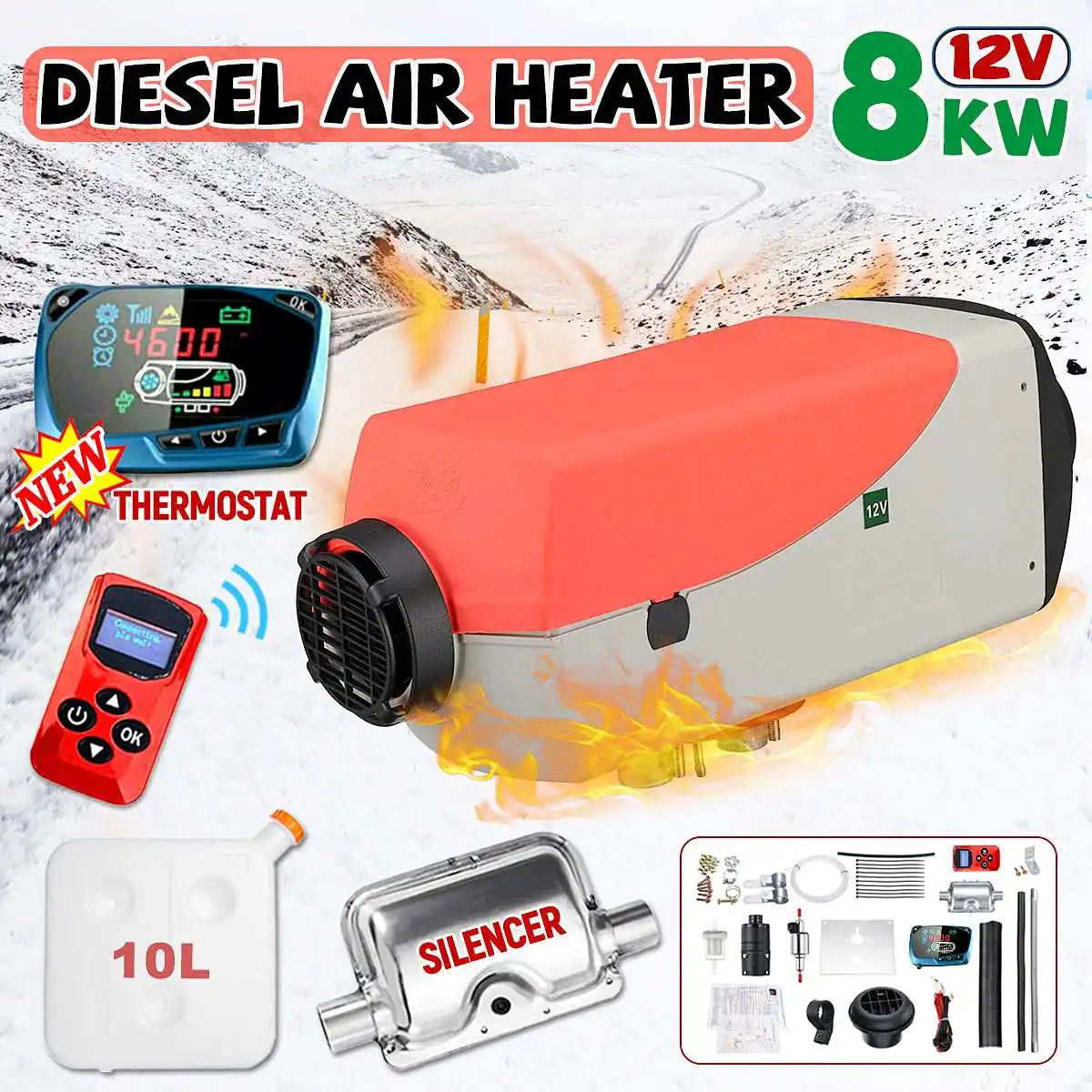

Car Heater 12V 8KW Single Hole Diesels Air Heater LCD Monitor Parking Heater For Boats Bus Trucks + Remote Control+Silencer