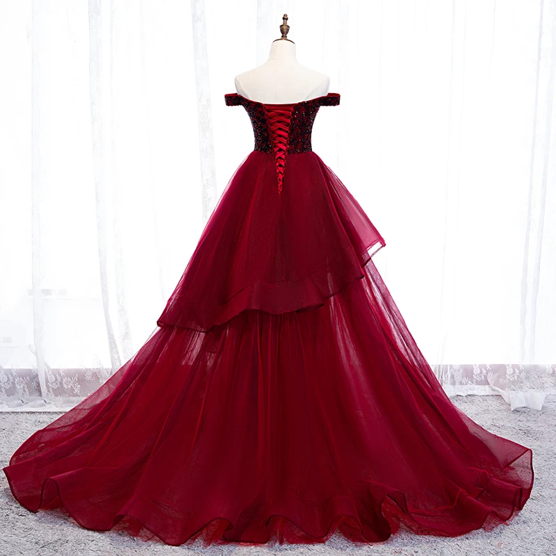 SSYFashion банкет Элегантный бордовый вечернее платье бисерные украшения для выреза «Лодочка» развертки поезд длинное вечернее платье на Выпускной Vestidos De Noche