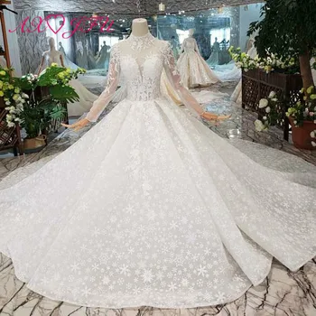 

AXJFU Luxury princess white lace vintage high neck beading flower lace long sleeves illusion wedding dress 100% real photo 832YS