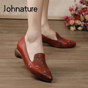 

Johnature New 2020 Spring Women Shoes Pumps Retro Genuine Leather Round Toe Casual Rivet Shallow Handmade Concise Ladies Shoes