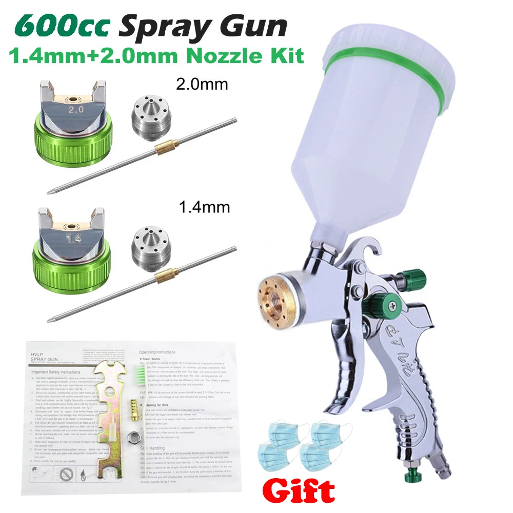 1.4mm 2.0mm Gun Kit G2008 Профессиональный HVLP 600ML 1,4/1,7/2,0 мм сопло гравитационный Пневматический воздушный Краски стерилизации пистолет-распылитель для авто ремонт инструмента Краски ing комплект - Цвет: 1.4mm 2.0mm Gun Kit