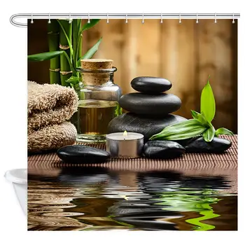 

Zen Shower Curtain, Basalt Stones Bamboo on Wood and Water Meditation Yoga Spa Waterproof Premium Fabric Bathroom Shower