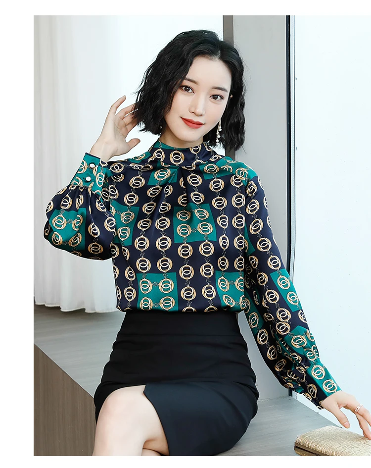 Весенняя винтажная стильная женская офисная блуза со стоячим верхом с длинным рукавом, модная женская блузка 2376 50