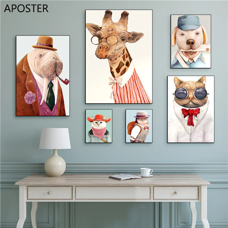 

Canvas Painting Lovely Cartoon Dress Up Deer Dog Cat Owl Animal Poster And Prints Wall Art Pictures For Baby Kids Room Decor