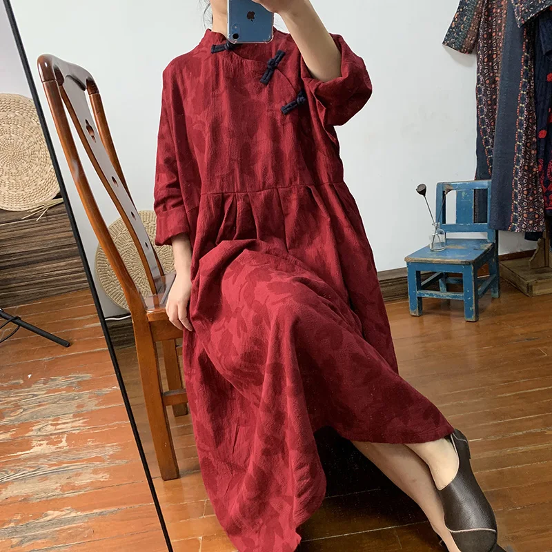 

Real-time Chinese women's dress, vintage, placket, loose large-size cotton and linen long