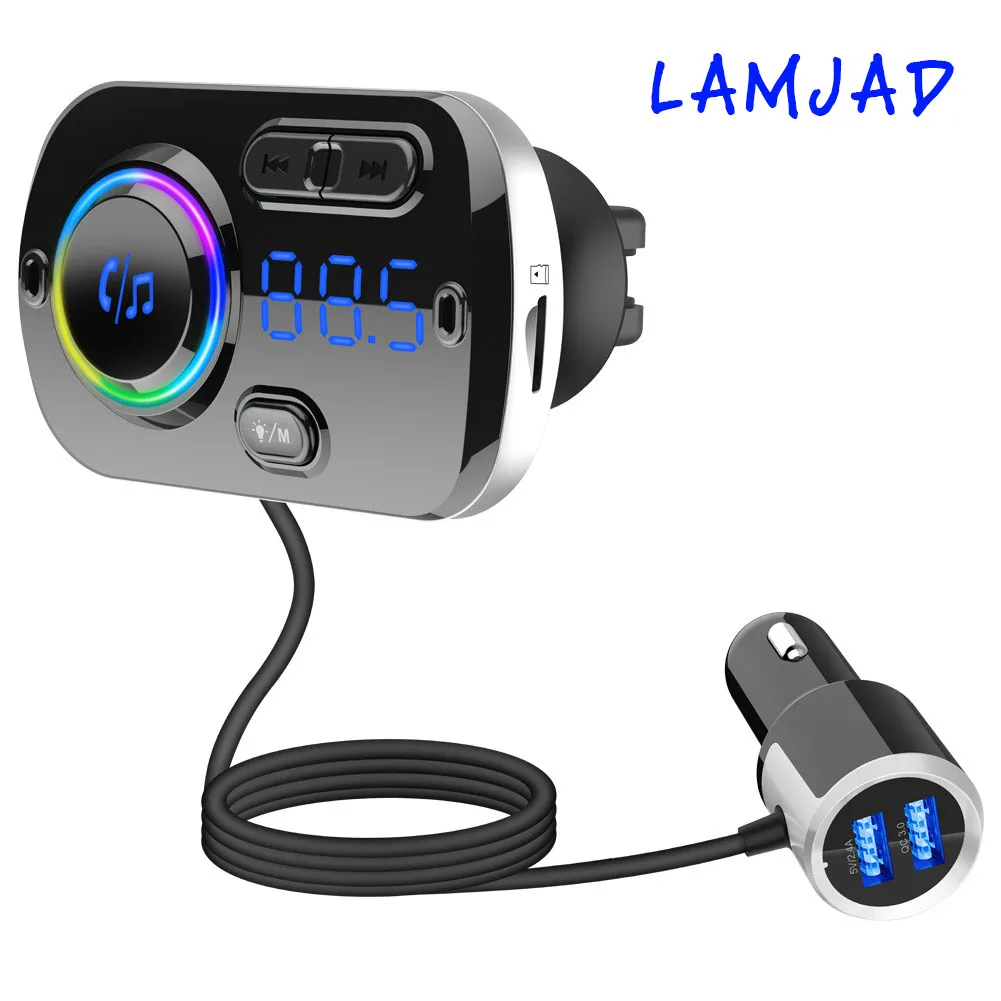 Автомобильный MP3-плеер, Bluetooth, fm-передатчик, беспроводной MP3-плеер, двойной USB, QC3.0, быстрое зарядное устройство, громкая связь, красочные атмосферные огни