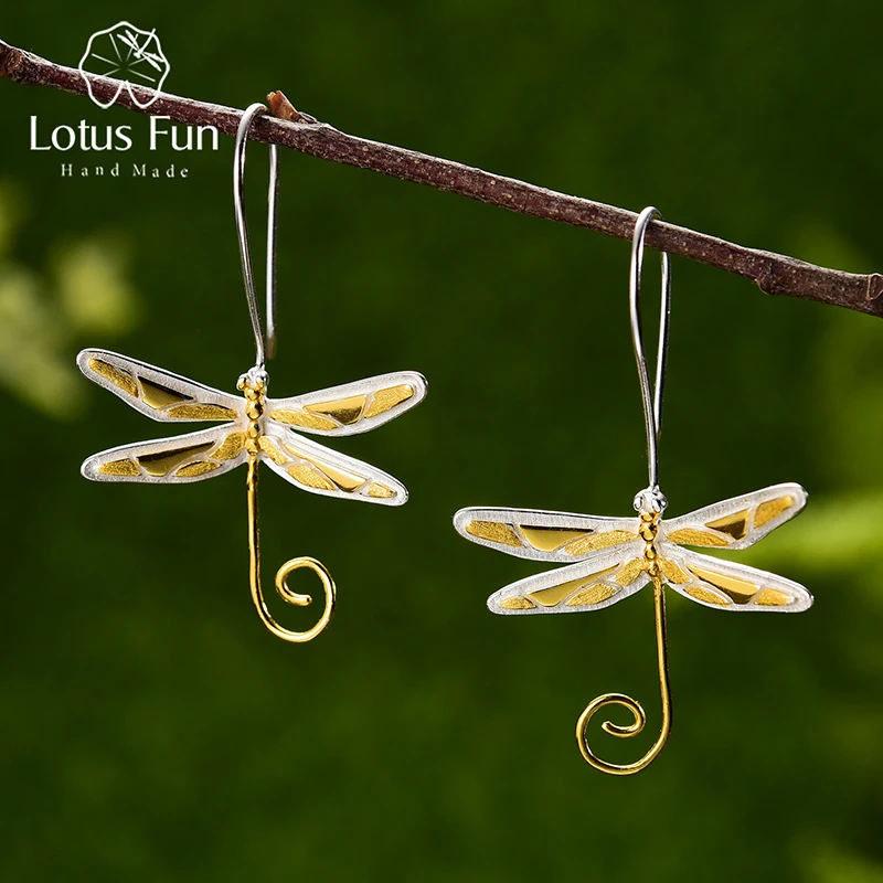 Lotus весело Настоящее стерлингового серебра 925 природных Стиль ручной работы Fine Jewelry Симпатичные Стрекоза