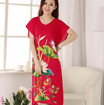 

New Chinese Style Women's Silk Rayon Robe Dress Summer Casual Home Yukata Gown Print Flower Nightgown