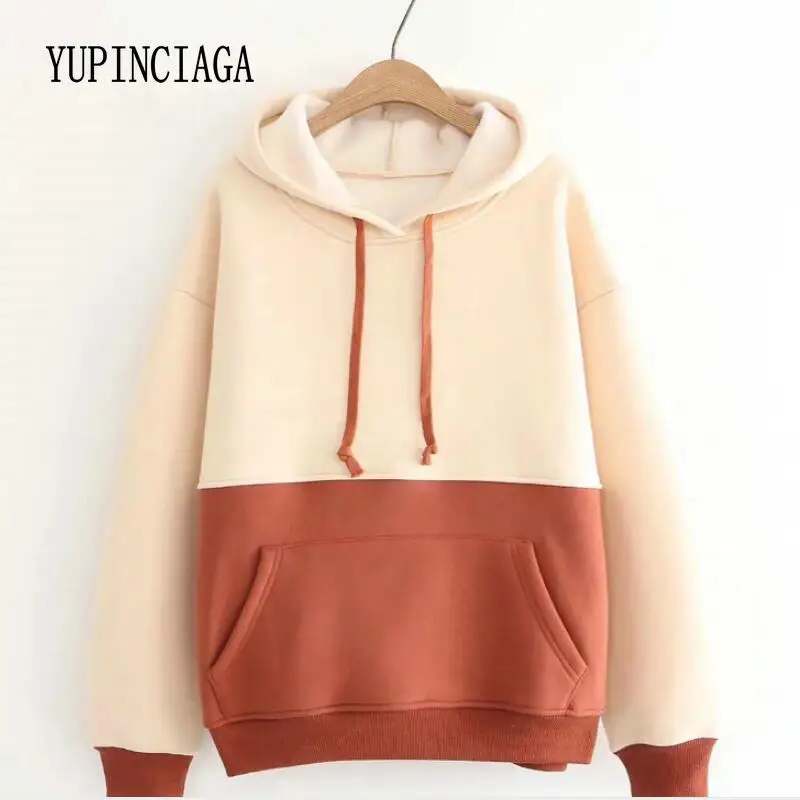 

YUPINCIAGA Women Loose-paneled contrast velvet Hooded Warm Pullovers Thick Fleece Sweatshirts Harajuku Hooded Girls Teens Hoodie