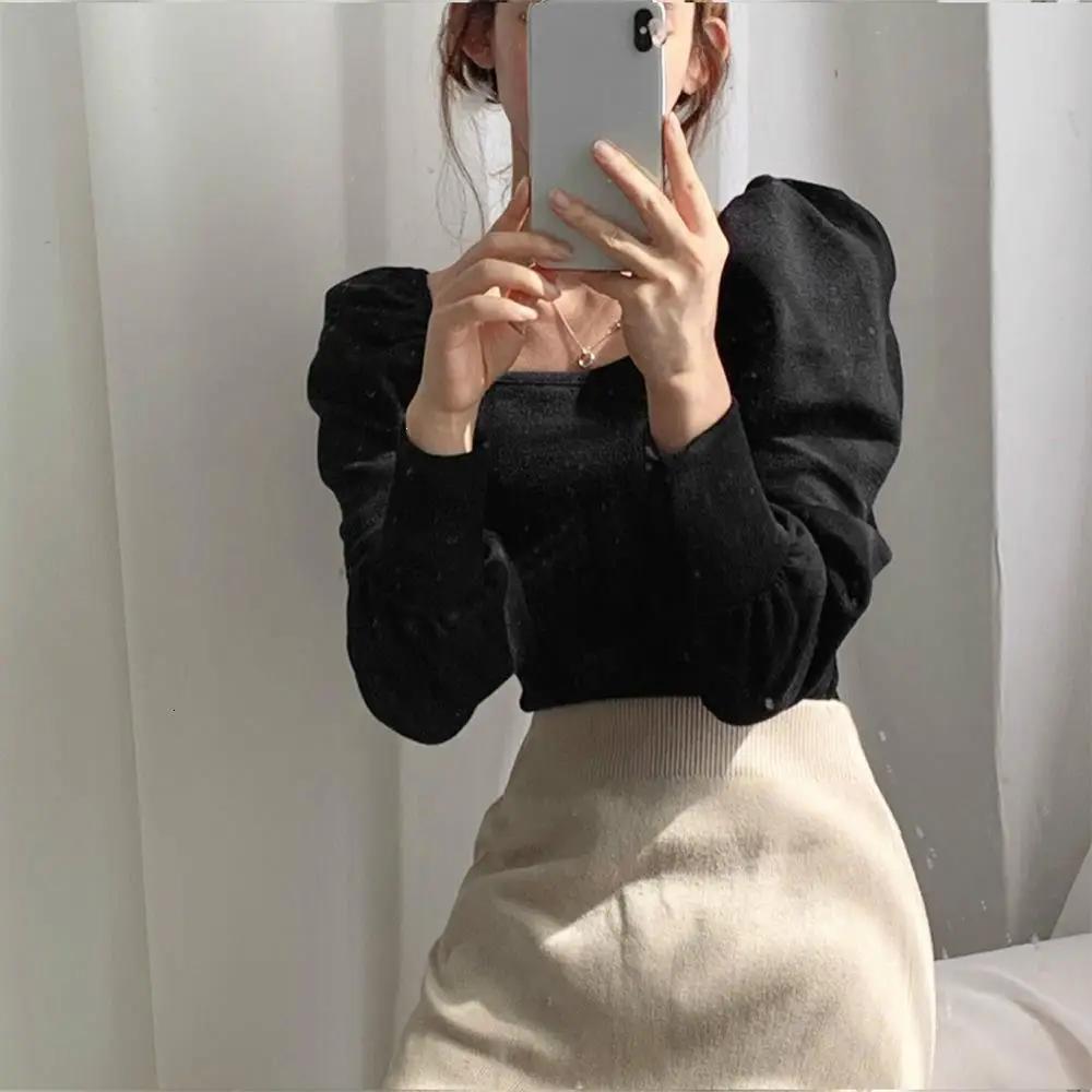 Осенний Женский трикотажный свитер в винтажном стиле, однотонный пуловер с квадратным воротником, облегающие вязаные топы с пышными рукавами