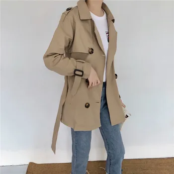 

Korean-Style Simple Loose Waist Windbreaker For Women New Fashion Double Breasted Windbreaker Spring Coat With Belt