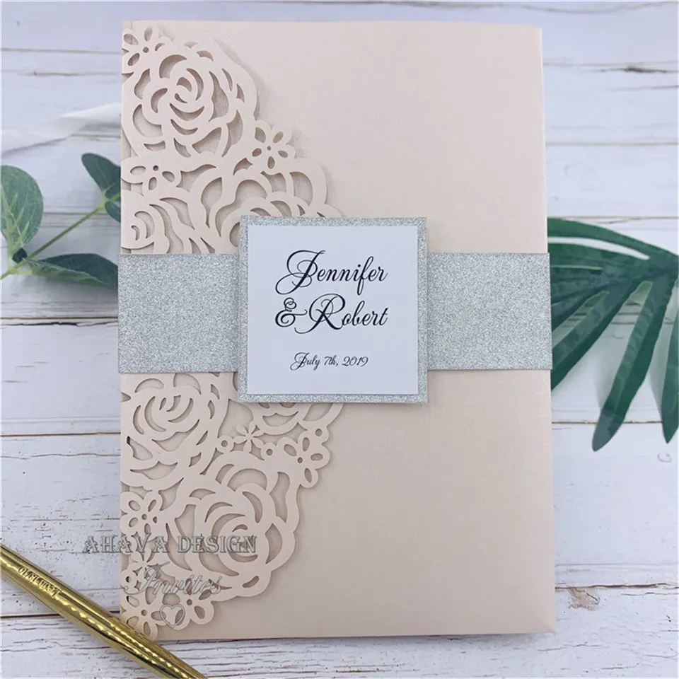 

Beautiful Luxury Blush Laser Cut Wedding Invitation Folder, Invitation RSVP Suite Die cut