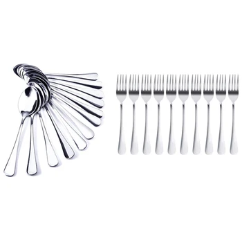 

10 PCS Fork Stainless Steel Steak Fork -18.5cm Total Length & 12x Oval Steel Coffee Spoons Espresso Stainless Steel