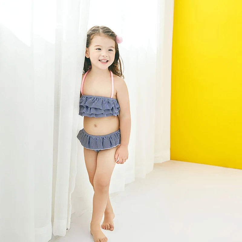 Girls Striped Split bathing Bikini Lace Halter Tops Tiered Skirt Brief Bottoms Baby Girls Swimsuit