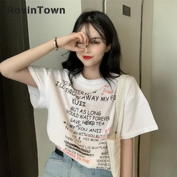 

Preppy Style Print Letter Fashion Tee Shirt Femme 2020 New Summer Cotton O Neck Loose Oversize T-shirt Women Free Shipping