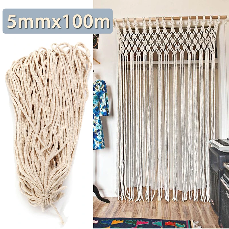 5mm Macrame Rope Natural Beige Cotton Twisted Cord Artisans Hand Craft 100M Wall Hangings Rack Storage Organization