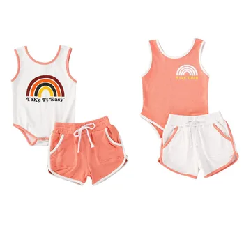 

Infant Baby Girls Boys Ribbed Clothes Newborn Rainbow Striped Sleeveless Romper Tops+High Waist Shorts Baby Boy Solid Outfits