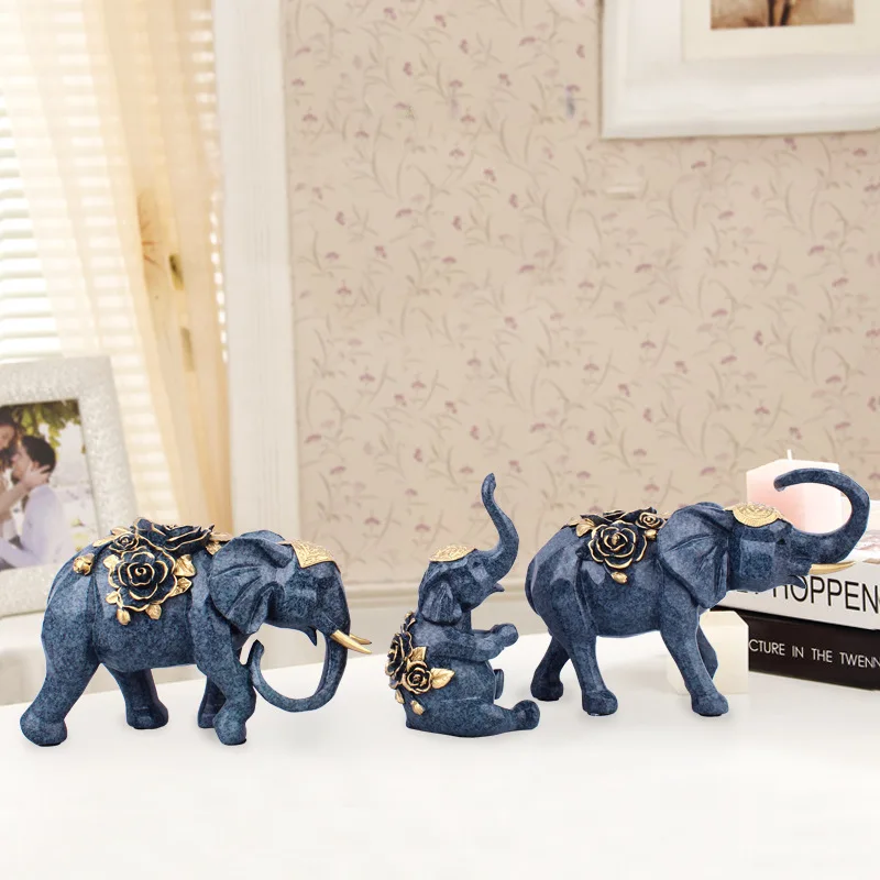 

Resin Crafts European Style Rose Blue Three Elephants Decoration Creative Home Decorations Wine Cabinet Decoration