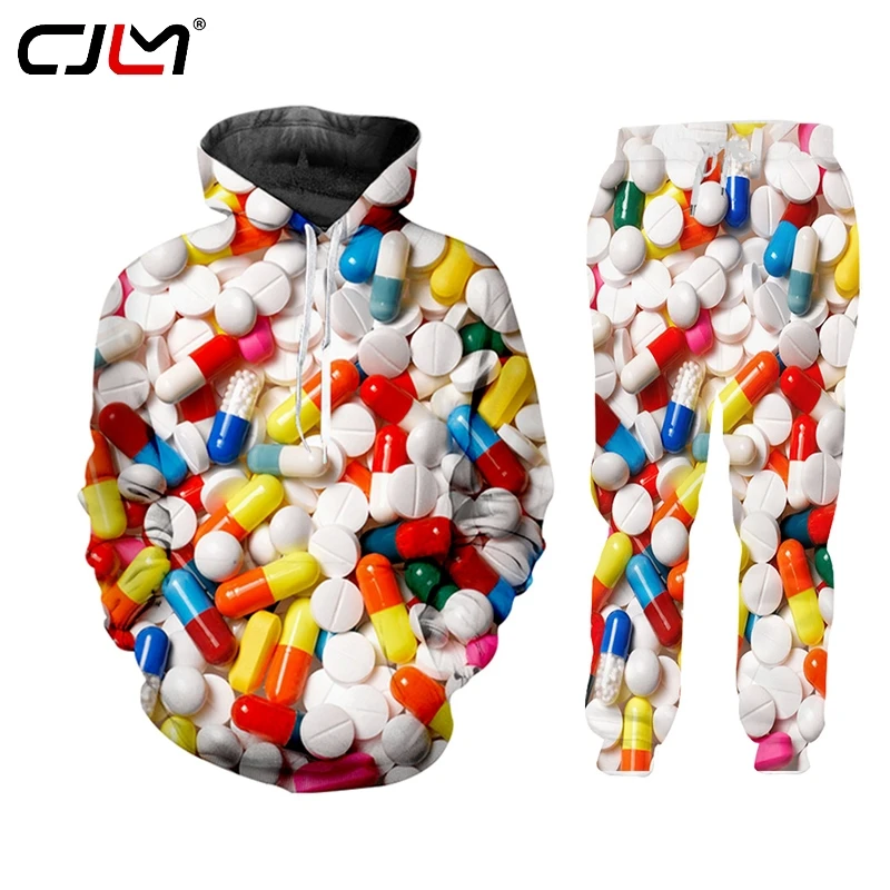 

CJLM Zip up Hoodies+Joggers Pants Men 2 Piece Sets Harajuku 3d medicine Paved Print Unisex Casual Tracksuit Custom Big Size