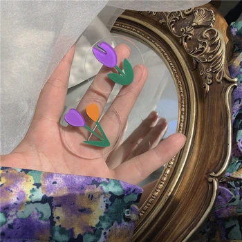 

MENGJIQIAO Sweet Transparent Acrylic Purple Flower Stud Earrings For Women Girls Holiday Round Asymmetric Pendientes Jewelry