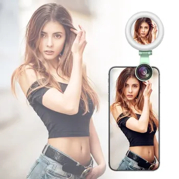 

Portable Phone Camera Lens Rechargeable Selfie Ring Light with Undistorted Wide Angle Macro Lens LED Adjustable Brightness Light