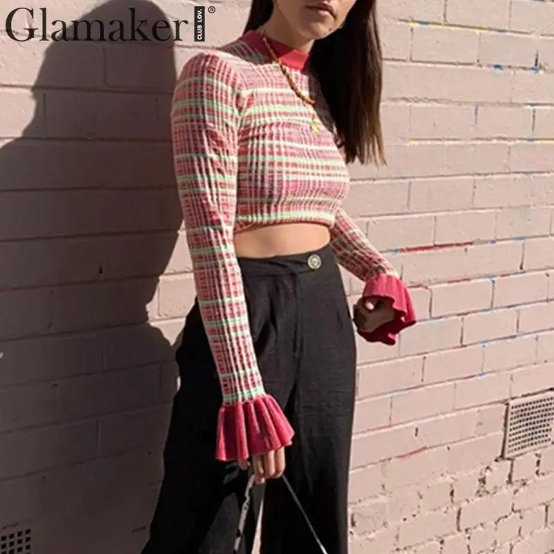 Glamaker, клетчатая, с круглым вырезом, короткая футболка, женская, с длинным Расклешенным рукавом, в стиле пэчворк, с рюшами, элегантная, женская, на осень и зиму, вечерние, Сексуальная рубашка
