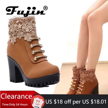 

2020 fall Fashion Women Boots PU Leather Round Toe Ankle Boots Sexy Lace Ladies 7cm High Heels 2cm Platform Shoes Woman zip