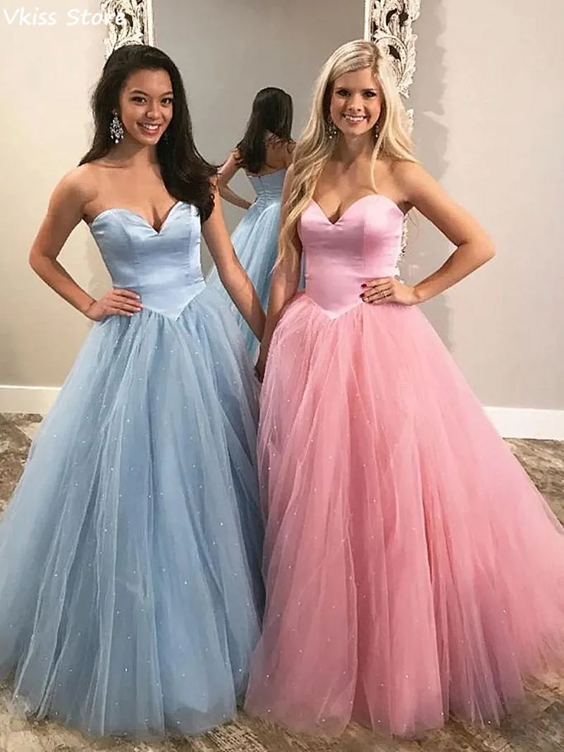 

Simple Tulle Evening Dress Strapless Sexy V-neck Nackless Sleeveless A-line Floor Length 2020 Prom Dress