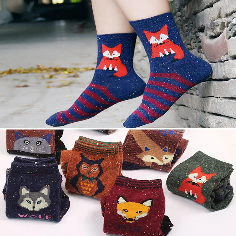 

1/2/3pair Korean Thick Wool Cotton Women Girl Crew Socks Winter for Harajuku Animal Fox Striped Sox Lovely Cute Christmas Socks