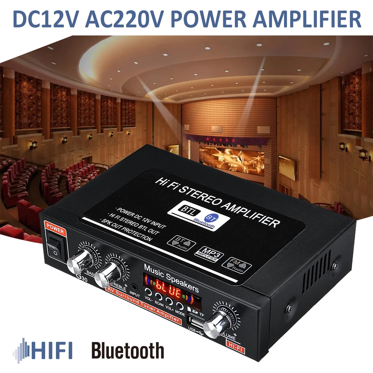 Comprar AMPLIFICADOR DE POTENCIA DE Audio bluetooth para coche, amplificador de sintonización automática bluetooth de alta fidelidad, Subwoofer estéreo de 2 canales para coche con control remoto de 90W