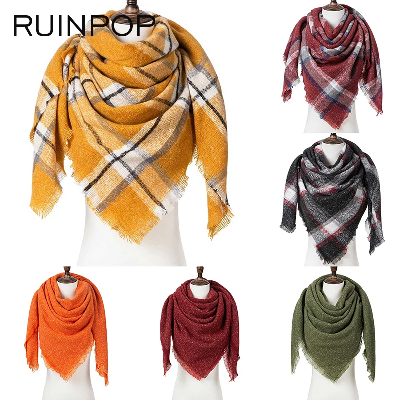 

RUINPOP Designer 2019 Winter Triangle Scarf For Women Solid Color Shawl Cashmere Scarves Knitted Scarf Plaid Scarves Wrap