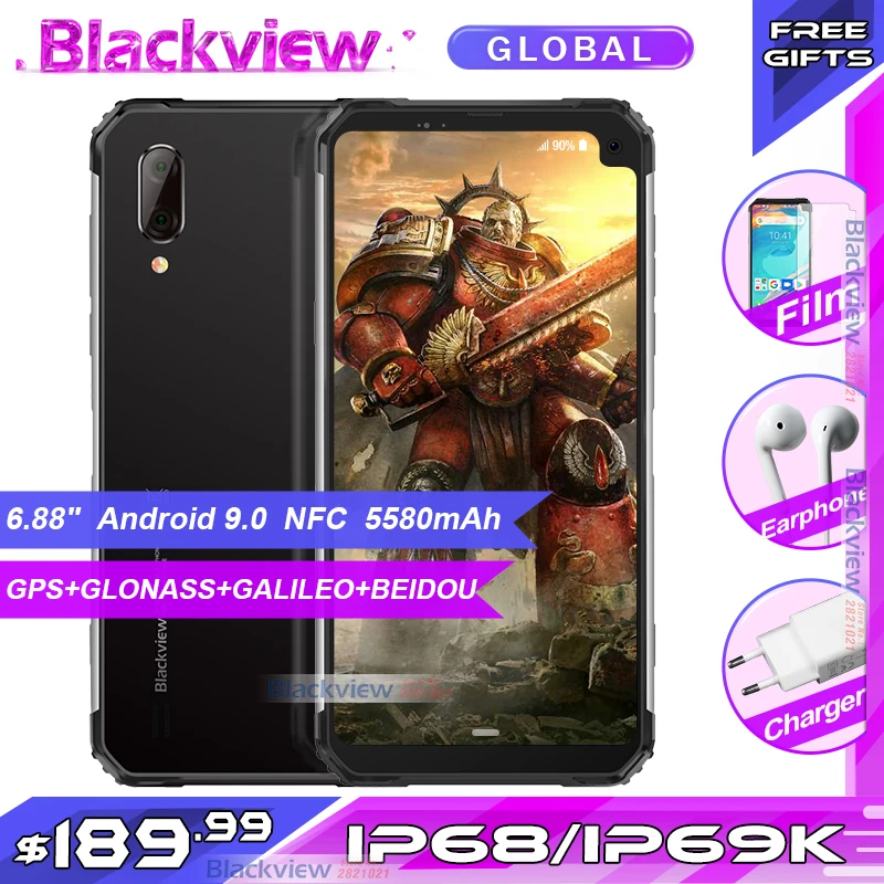 Blackview BV6100 6,8" большой экран IP68 водонепроницаемый смартфон MTK6761 четырехъядерный Android 9,0 3 Гб 16 Гб NFC мобильный телефон 5580 мАч