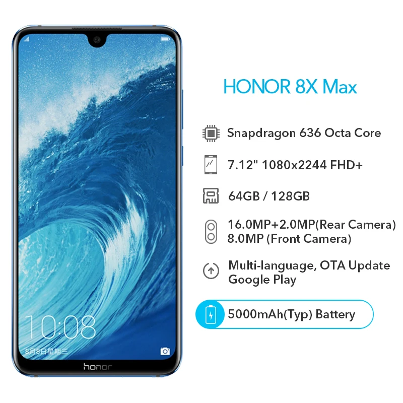 Google Play Honor 8X8 X Max 64 Гб/128 ГБ 5000 мАч большая батарея восьмиядерный смартфон Snapdragon 636 с
