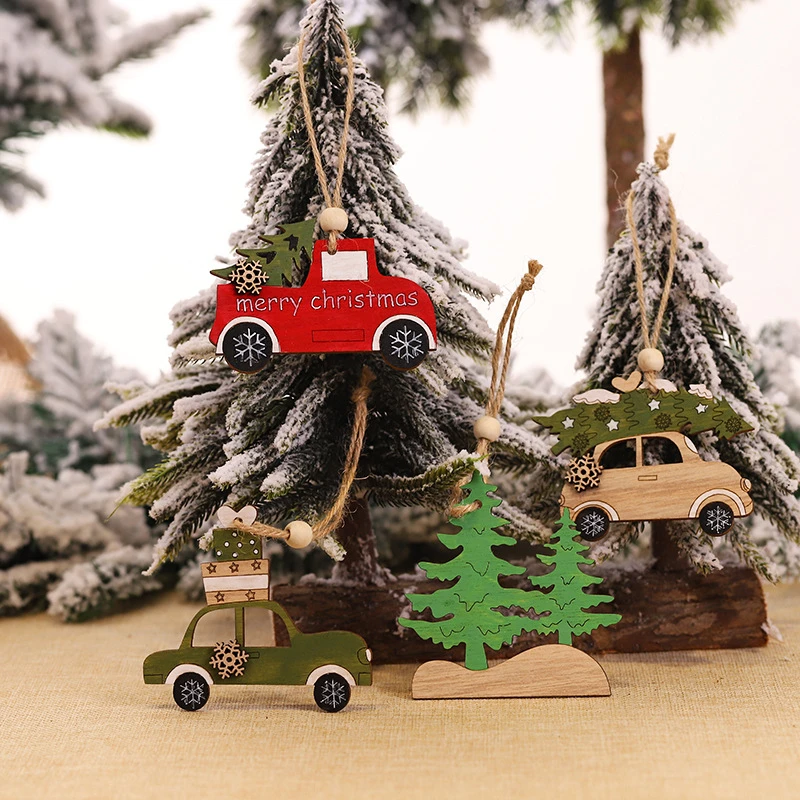 Christmas Decorations Car Ornaments Small Christmas Tree Hanging Wooden Pendants Elk Cartoon Animal