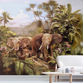 

Custom Wall Murals Hand Painted Oil Painting Elephant Forest Coconut Tree Bedroom Living Room Mural Wallpaper Papel De Parede 3D