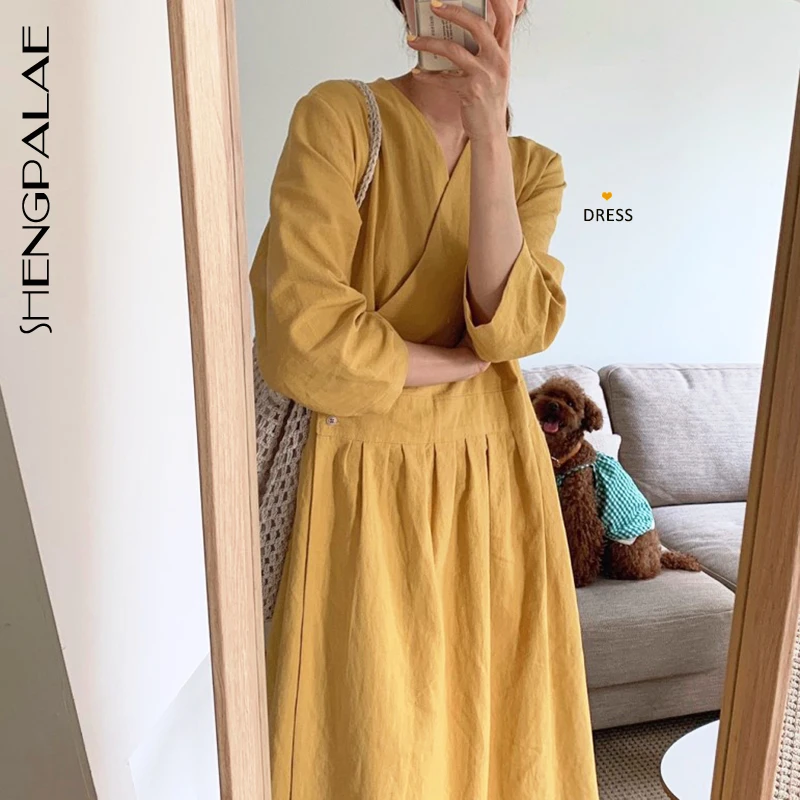 

SHENGPALAE New Autumn Korea Style Full Sleeve V-neck Empire Waist Ankle-length Cross One Piece Women A-line Dress Tide FS227